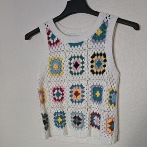 Colorful Crochet Patterned Women's Top Size M